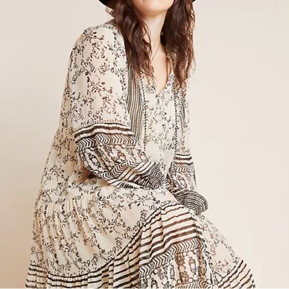 ANTHROPOLOGIE Women’s Talulah Tiered Midi Dress in the Size Small Neutral Motif - Picture 9 of 16
